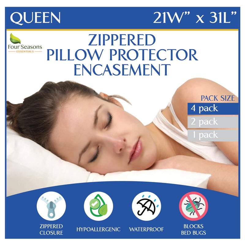 Four Seasons Essentials Queen Size Waterproof Pillow Protectors (Set of 4) â€“ Zippered Allergy Pillowcase Cover Dust Proof Encasement - Image 1